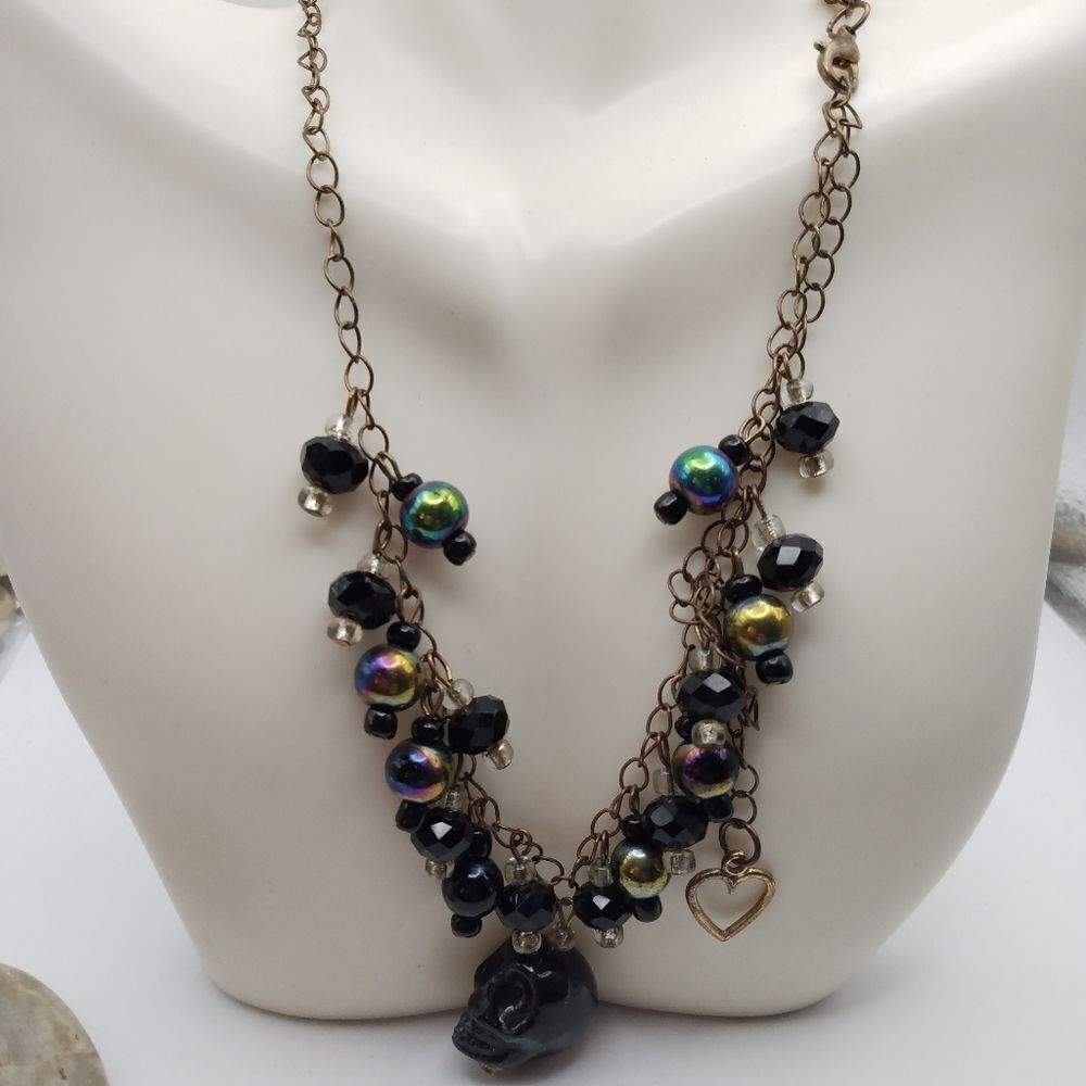 Gothic skeleton black beaded necklace‎ N3338